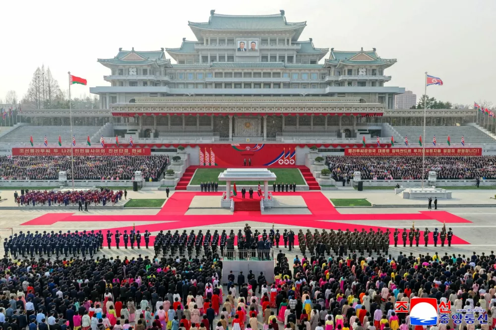 FILE PHOTO: North Korea's Kim Jong Un welcomes Belarus President Alexander Lukashenko in Pyongyang, North Korea, March 25, 2026, in this picture released by North Korea's official Korean Central News Agency.   KCNA via REUTERS  ATTENTION EDITORS - THIS IMAGE WAS PROVIDED BY A THIRD PARTY. REUTERS IS UNABLE TO INDEPENDENTLY VERIFY THIS IMAGE. NO THIRD PARTY SALES. SOUTH KOREA OUT. NO COMMERCIAL OR EDITORIAL SALES IN SOUTH KOREA./File Photo