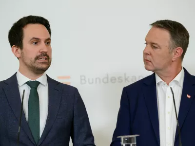 Austria's Vice Chancellor Andreas Babler of the Social Democrats and Minister of Education Christoph Wiederkehr of the Neos hold a press conference on plans to ban social media for children under 14 years of age in Vienna, Austria, March 27, 2026. REUTERS/Elisabeth Mandl