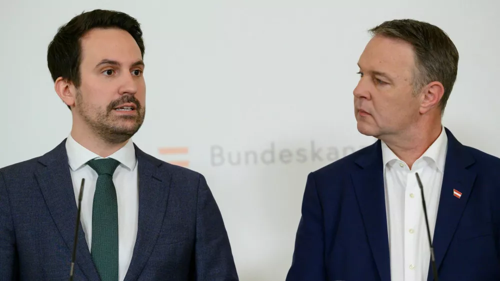 Austria's Vice Chancellor Andreas Babler of the Social Democrats and Minister of Education Christoph Wiederkehr of the Neos hold a press conference on plans to ban social media for children under 14 years of age in Vienna, Austria, March 27, 2026. REUTERS/Elisabeth Mandl