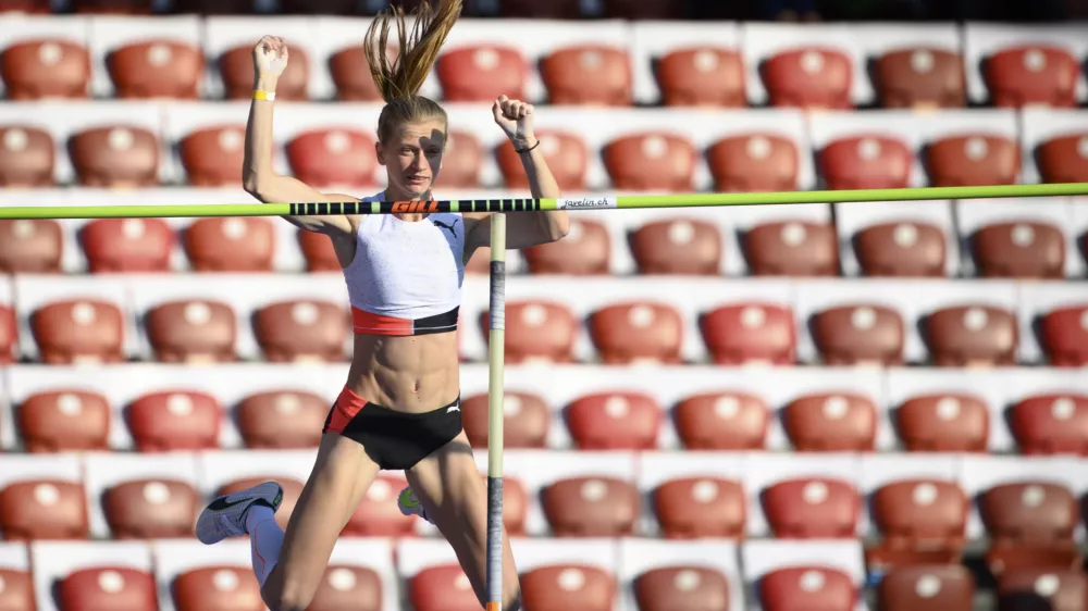 Tina Sutej of Slovenia competes in the women's pole vault during the Weltklasse IAAF Diamond League international athletics meeting at the Letzigrund stadium in Zurich, Switzerland, Thursday, Sept. 9, 2021. (Jean-Christophe Bott/Keystone via AP)