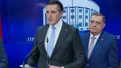 23.02.2024., Palata Republike, Banja Luka (BiH) - Konferencija za medije predsjednika Republike Srpske Milorada Dodika nakon posjete Rusiji i Bjelorusiji. Dodik je prije par dana boravio u Rusiji i Bjelorusiji gdje se sastao s predsjednicima Vladimirom Putinom, koji ga je i odlikovao, i Aleksandrom Lukasenkom. Dodik se medijima obratio s ostalim clanovima delegacije u sastavu Alen Seranic, ministar zdravlja i socijalne zastite RS, Savo Minic, ministar poljoprivrede, sumarstva i vodoprivrede RS, Nedeljko Elek, pocasni konzul Bjelorusije u BiH, Zeljko Budimir, ministar za naucnotehnoloski razvoj i visoko obrazovanje RS. Photo: Dejan Rakita/PIXSELL / Foto: Dejan Rakita/pixsell