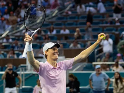 Mar 29, 2026; Miami Gardens, FL, USA; Jannik Sinner of Italy celebrates his victory over Jiri Lehecka of the Czech Republic in the final of the men's singles at the Miami Open at the Hard Rock Stadium. Mandatory Credit: Mike Frey-Imagn Images