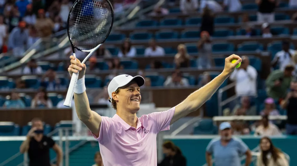 Mar 29, 2026; Miami Gardens, FL, USA; Jannik Sinner of Italy celebrates his victory over Jiri Lehecka of the Czech Republic in the final of the men's singles at the Miami Open at the Hard Rock Stadium. Mandatory Credit: Mike Frey-Imagn Images