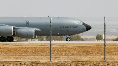 FILE PHOTO: A U.S. Airforce Boeing KC-135 Stratotanker taxies at the Moron Air Base in Moron de la Frontera, southern Spain, August 27, 2021. REUTERS/Marcelo del Pozo/File Photo