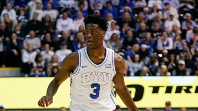 Mar 7, 2026; Provo, Utah, USA; BYU Cougars forward AJ Dybantsa (3) dribbles the ball during the first half against the Texas Tech Red Raiders at Marriott Center. Mandatory Credit: Aaron Baker-Imagn Images