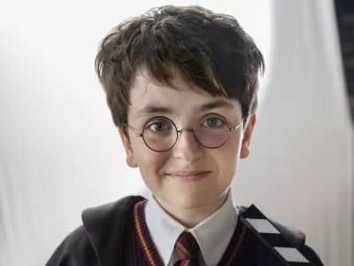 This image released by HBO shows Dominic McLaughlin, who will portray Harry Potter, on the set of HBO series "Harry Potter," scheduled for 2027. (Aidan Monaghan/HBO via AP)