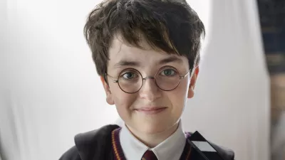 This image released by HBO shows Dominic McLaughlin, who will portray Harry Potter, on the set of HBO series "Harry Potter," scheduled for 2027. (Aidan Monaghan/HBO via AP)