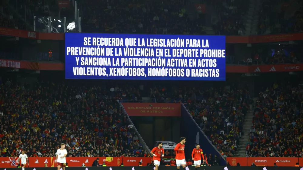 Soccer Football - International Friendly - Spain v Egypt - RCDE Stadium, Cornella de Llobregat, Spain - March 31, 2026 A big screen displays a anti discrimination message inside the stadium during the match REUTERS/Albert Gea