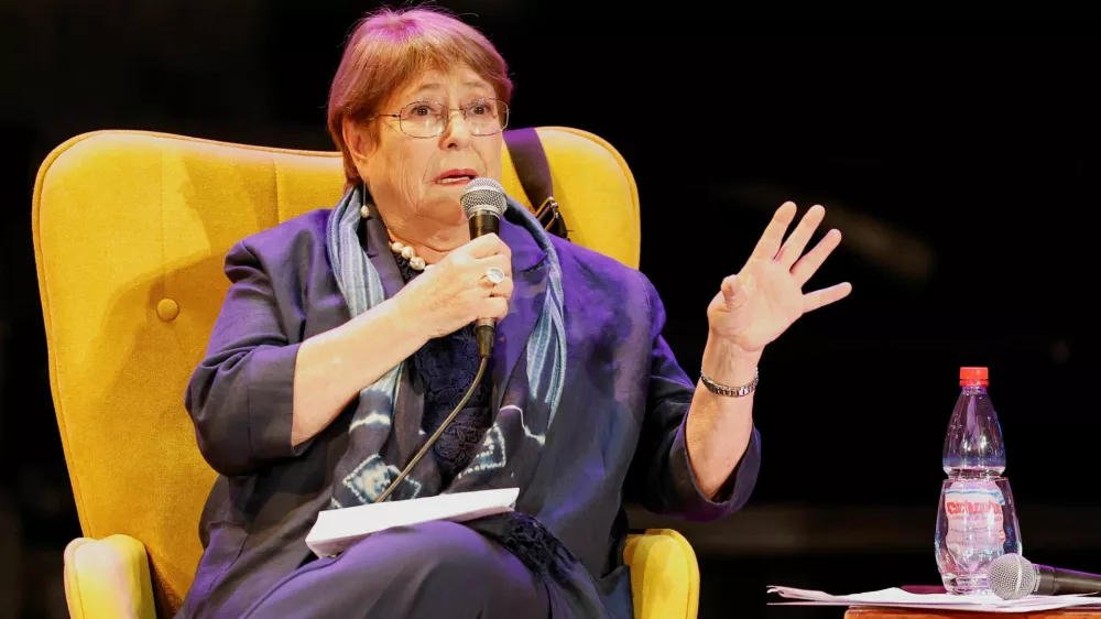Former Chilean President Michelle Bachelet, a candidate for UN Secretary-General, speaks at an event commemorating the 20th anniversary of the first government presided over by a woman at the University of Valparaiso in Valparaiso, Chile, March 31, 2026. REUTERS/Rodrigo Garrido