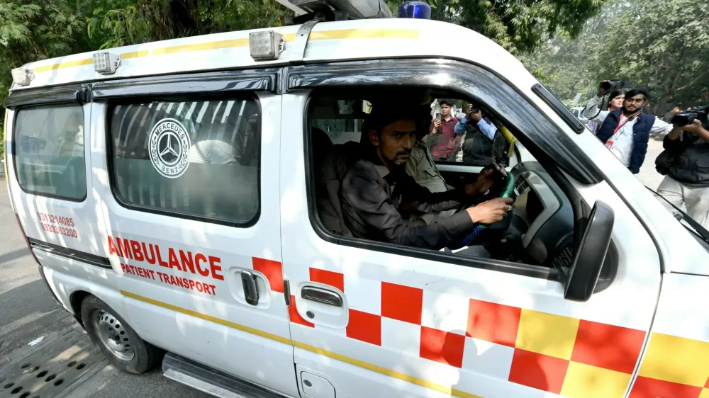 Relatives of Pankaj, who died in the blast near Red Fort take his mortal remains in ambulance from the mortuary at Maulana Azad Medical Colleg on November 11, 2025 in New Delhi, India. A high-intensity blast occured near the metro station on Monday evening, killing 12 people and gutting several vehicles. The deadly blast near the Red Fort took place shortly after around 2,900 kilograms of explosives were recovered from Faridabad.Relatives Of Delhi Blast Victims Mourn The Deaths Of Loved Ones, New Delhi, India - 11 Nov 2025,Image: 1051834554, License: Rights-managed, Restrictions:, Model Release: no