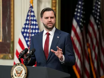 FILE PHOTO: U.S. Vice President JD Vance delivers a speech on the day he administers the oath of office to Colin McDonald, the U.S. Assistant Attorney General in charge of fraud enforcement, in the Indian Treaty Room of the Eisenhower Executive Office Building (EEOB) on the White House campus in Washington, D.C., U.S., April 1, 2026. REUTERS/Ken Cedeno/File Photo