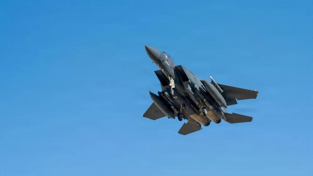 A U.S. Air Force F-15E Strike Eagle aircraft takes off for a mission supporting Operation Epic Fury during the Iran war at an undisclosed location, March 9, 2026. U.S. Air Force/Handout via REUTERS ATTENTION EDITORS - THIS PICTURE WAS PROVIDED BY A THIRD PARTY