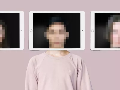 Changing face using AI generated deepfake technology concept. Multiple blurred person face on tablet screen, covering true identity. Spreading hoax using modern tech.