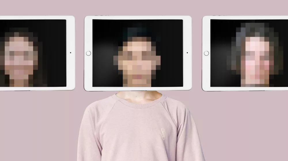 Changing face using AI generated deepfake technology concept. Multiple blurred person face on tablet screen, covering true identity. Spreading hoax using modern tech.