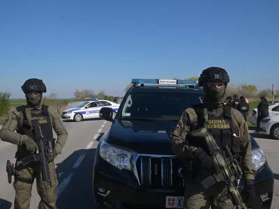 KANJIZA, SERBIA - APRIL 6: (----EDITORIAL USE ONLY - MANDATORY CREDIT - 'MINISTRY OF DEFENCE REPUBLIC OF SERBIA' / HANDOUT' - NO MARKETING NO ADVERTISING CAMPAIGNS - DISTRIBUTED AS A SERVICE TO CLIENTS----) Serbian military police officers stand guard near vehicles as explosive materials of high destructive power are reported found close to a gas pipeline connecting Serbia and Hungary near the villages of Velebit, Tresnjevac and Vojvoda Zimonjic in Kanjiza, Serbia, on April 6, 2026. Serbia MoD / Handout / AnadoluNo Use USA No use UK No use Canada No use France No use Japan No use Italy No use Australia No use Spain No use Belgium No use Korea No use South Africa No use Hong Kong No use New Zealand No use Turkey