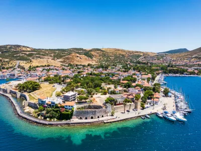 Eski Foca aerial drone view, a popular resort on the Aegean coast in Izmir, Turkey