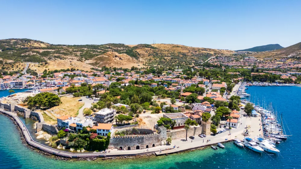 Eski Foca aerial drone view, a popular resort on the Aegean coast in Izmir, Turkey