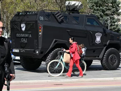 Police guard the Palace of the Republic prior visit of Donald Trump Jr. and meetings with representatives of the authorities of the Republika Srpska, in Banja Luka, Bosnia, Tuesday, April 7, 2026. (AP Photo/Radivoje Pavicic)