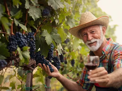 Smiling senior winemaker with white beard with glass of white wine in vineyard / Foto: Cherriesjd