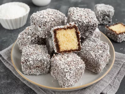 Traditional Australian Lamington cake in chocolate glaze and coconut flakes on a plate on a gray concrete background with a cup of tea. Selective focus / Foto: Irina Taskova