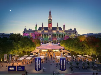 So wird das "Eurovision Village" am Rathausplatz aussehen. Tausende Fans k&ouml;nnen hier kostenlos die Finalshows und das Rahmenprogramm zum Eurovision Song Contest im Mai in Wien kostenlos verfolgen und beim internationalen Musik-Fest mitfeiern. / Foto: Zoom Visual Project Gmbh