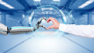 A robot hand and a human hand makes a heart via the HUD display. 3d illustration.