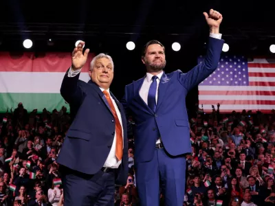 U.S. Vice President JD Vance and Hungarian Prime Minister Viktor Orban appear on stage together during Day of Friendship event at MTK Sportpark in Budapest, Hungary, April 7, 2026. REUTERS/Jonathan Ernst/Pool   TPX IMAGES OF THE DAY