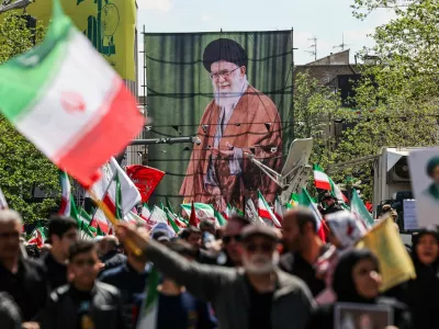 A banner with an image of late Supreme Leader of Iran Ayatollah Ali Khamenei during a ceremony marking 40 days since he was killed in Israeli and U.S. strikes, in Tehran, Iran, April 9, 2026. Majid Asgaripour/WANA (West Asia News Agency) via REUTERS ATTENTION EDITORS - THIS PICTURE WAS PROVIDED BY A THIRD PARTY