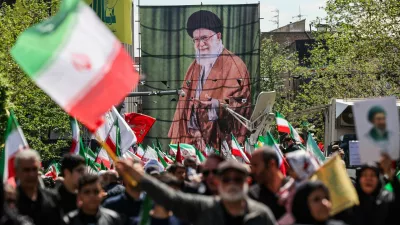 A banner with an image of late Supreme Leader of Iran Ayatollah Ali Khamenei during a ceremony marking 40 days since he was killed in Israeli and U.S. strikes, in Tehran, Iran, April 9, 2026. Majid Asgaripour/WANA (West Asia News Agency) via REUTERS ATTENTION EDITORS - THIS PICTURE WAS PROVIDED BY A THIRD PARTY