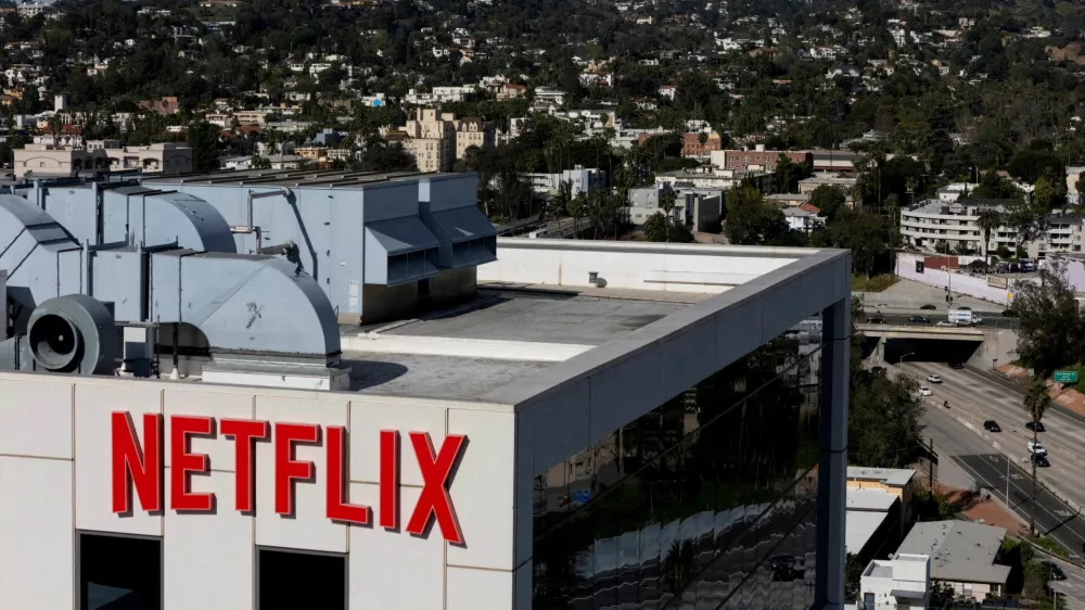 FILE PHOTO: A drone view shows the Netflix logo on one of the company's buildings in the Hollywood neighborhood in Los Angeles, California, U.S., January 20, 2026. REUTERS/Daniel Cole/File Photo