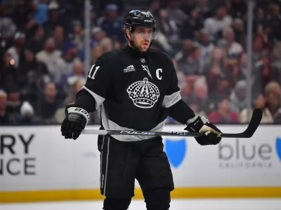 Apr 4, 2026; Los Angeles, California, USA; Los Angeles Kings center Anze Kopitar (11) during the first period at Crypto.com Arena. Mandatory Credit: Gary A. Vasquez-Imagn Images