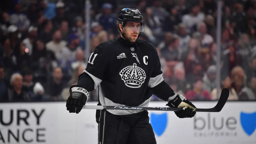 Apr 4, 2026; Los Angeles, California, USA; Los Angeles Kings center Anze Kopitar (11) during the first period at Crypto.com Arena. Mandatory Credit: Gary A. Vasquez-Imagn Images