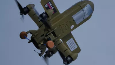 FILE - A Sting interceptor drone flies during drills at the Yatagan School for Unmanned Aerial Systems in the Kyiv region, Ukraine, on March 19, 2026. (AP Photo/Efrem Lukatsky, File)