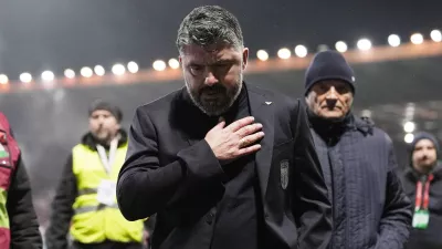 Italy's coach Gennaro Gattuso walks off the pitch after losing in a World Cup qualifying playoff final soccer match between Bosnia and Italy in Zenica, Bosnia, Tuesday, March 31, 2026. (Fabio Ferrari/LaPresse via AP)