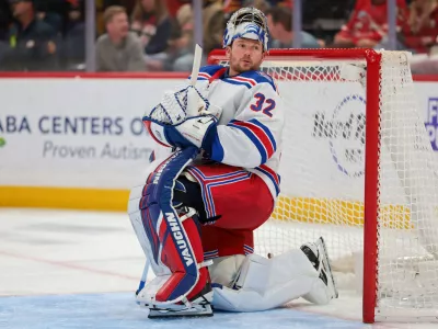 Apr 13, 2026; Sunrise, Florida, USA; New York Rangers goaltender Jonathan Quick (32) looks on against the Florida Panthers during the first period at Amerant Bank Arena. Mandatory Credit: Sam Navarro-Imagn Images