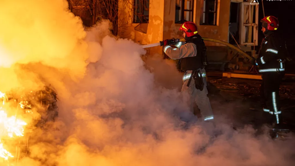 Firefighters work at the site of an overnight Russian drone strike, amid Russia's attack on Ukraine, in Odesa, Ukraine April 11, 2026. Press service of the State Emergency Service of Ukraine in Odesa region/Handout via REUTERS ATTENTION EDITORS - THIS IMAGE HAS BEEN SUPPLIED BY A THIRD PARTY. DO NOT OBSCURE LOGO.
