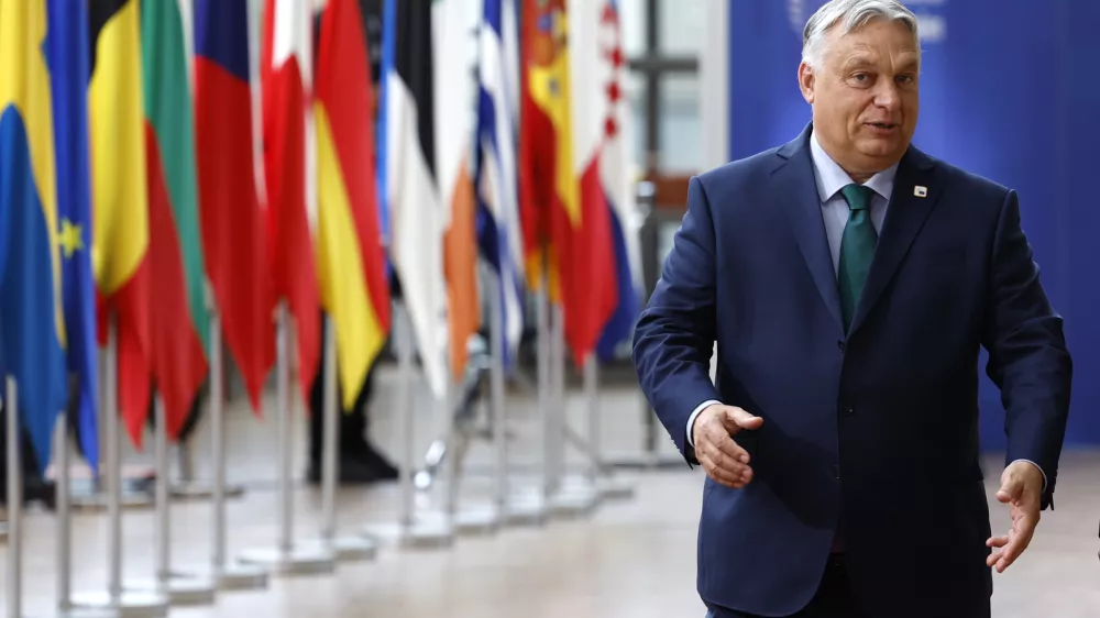 FILE - Hungary's Prime Minister Viktor Orban arrives for an EU summit in Brussels, on June 27, 2024. Orb&aacute;n has presented a new alliance with Austria's far-right Freedom Party and the main Czech opposition party, which hopes to attract other partners and become the biggest right-wing group in the European Parliament. Orb&aacute;n traveled to Vienna Sunday, June 30, 2024, to present the "Patriots for Europe" alliance of his Fidesz party with the Freedom Party and former Czech Prime Minister Andrej Babi&scaron;'s ANO party &mdash; a day before Hungary takes over the European Union's rotating presidency for six months. (AP Photo/Geert Vanden Wijngaert)