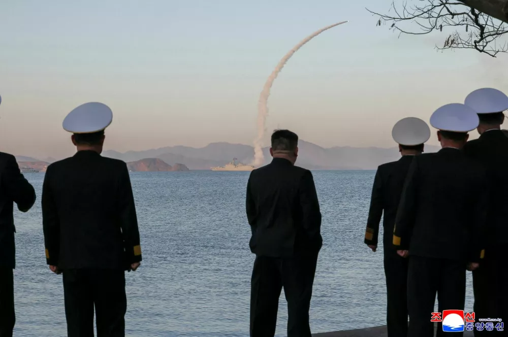 North Korean leader Kim Jong Un observes as strategic cruise missiles and anti-warship missiles are test-fired from the destroyer Choe Hyon, North Korea, April 12, 2026, in this photo released by North Korea's Korean Central News Agency (KCNA), April 14, 2026. KCNA via REUTERS ATTENTION EDITORS - THIS IMAGE WAS PROVIDED BY A THIRD PARTY. REUTERS IS UNABLE TO INDEPENDENTLY VERIFY THIS IMAGE. NO THIRD PARTY SALES. SOUTH KOREA OUT. NO COMMERCIAL OR EDITORIAL SALES IN SOUTH KOREA.