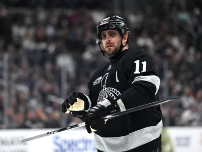 Apr 11, 2026; Los Angeles, California, USA; Los Angeles Kings center Anze Kopitar (11) is seen on the ice during the third period against the Edmonton Oilers at Crypto.com Arena. Mandatory Credit: Griffin Hooper-Imagn Images