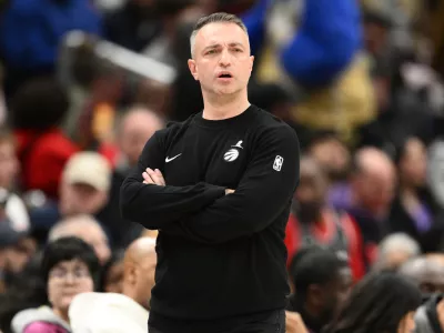 Toronto Raptors head coach Darko Rajakovic in action during the first half of an NBA basketball game against the Washington Wizards, Saturday, Feb. 28, 2026, in Washington. (AP Photo/Nick Wass)