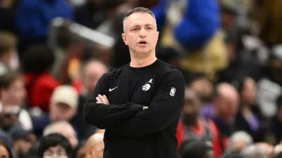 Toronto Raptors head coach Darko Rajakovic in action during the first half of an NBA basketball game against the Washington Wizards, Saturday, Feb. 28, 2026, in Washington. (AP Photo/Nick Wass)