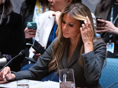 Melania Trump, first lady of the United States, presides over the United Nations Security Council at United Nations headquarters, Monday, March 2, 2026. (AP Photo/Angelina Katsanis)