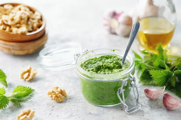 Vegetarian nettle, garlic and walnut pesto. Close up of jar of homemade nettle pesto with walnuts and garlic. / Foto: Gojak Getty Images/istockphoto