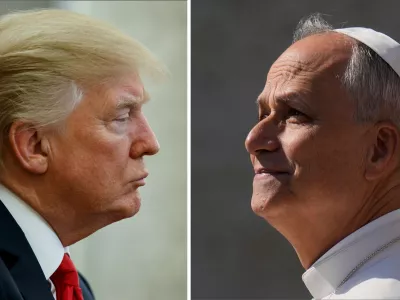 FILE- This combination file photos show on left, President Donald Trump listening during a meeting with North Korean defectors where he talked with reporters about allowing the release of a secret memo on the F.B.I.'s role in the Russia inquiry, in the Oval Office of the White House, on Feb. 2, 2018, in Washington and on right, Pope Leo XIV arriving for his weekly general audience in St. Peter's Square, at the Vatican, on Aug. 6, 2025. (AP Photos/Evan Vucci and Gregorio Borgia, File)