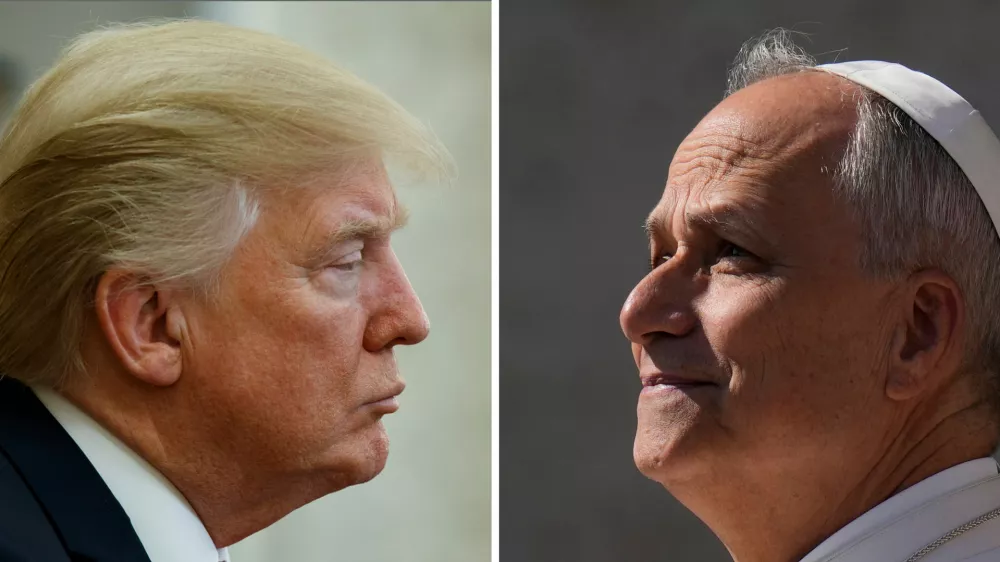 FILE- This combination file photos show on left, President Donald Trump listening during a meeting with North Korean defectors where he talked with reporters about allowing the release of a secret memo on the F.B.I.'s role in the Russia inquiry, in the Oval Office of the White House, on Feb. 2, 2018, in Washington and on right, Pope Leo XIV arriving for his weekly general audience in St. Peter's Square, at the Vatican, on Aug. 6, 2025. (AP Photos/Evan Vucci and Gregorio Borgia, File)