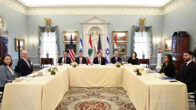 U.S. Secretary of State Marco Rubio meets with Israeli Ambassador to the United States Yechiel Leiter and Lebanese Ambassador to the United States Nada Hamadeh Moawad at the State Department in Washington, D.C., U.S., April 14, 2026. REUTERS/Kevin Lamarque