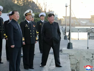 North Korean leader Kim Jong Un observes a test-fire of strategic cruise missiles and anti-warship missiles from the destroyer Choe Hyon, North Korea, April 12, 2026, in this photo released by North Korea's Korean Central News Agency (KCNA), April 14, 2026. KCNA via REUTERS ATTENTION EDITORS - THIS IMAGE WAS PROVIDED BY A THIRD PARTY. REUTERS IS UNABLE TO INDEPENDENTLY VERIFY THIS IMAGE. NO THIRD PARTY SALES. SOUTH KOREA OUT. NO COMMERCIAL OR EDITORIAL SALES IN SOUTH KOREA.