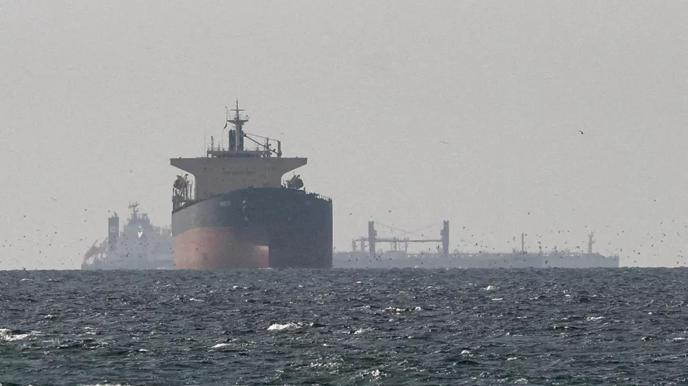 FILE PHOTO: Cargo ships in the Gulf, near the Strait of Hormuz, as seen from northern Ras al-Khaimah, near the border with Oman's Musandam governance, amid the U.S.-Israeli conflict with Iran, in United Arab Emirates, March 11, 2026. REUTERS/Stringer//File Photo