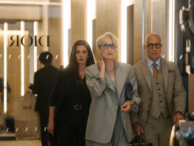 (L-R) Anne Hathaway as Andy Sachs, Meryl Streep as Miranda Priestly and Stanley Tucci as Nigel Kipling in 20th Century Studios' THE DEVIL WEARS PRADA 2. Photo by Macall Polay. &copy; 2026 20th Century Studios. All Rights Reserved.
