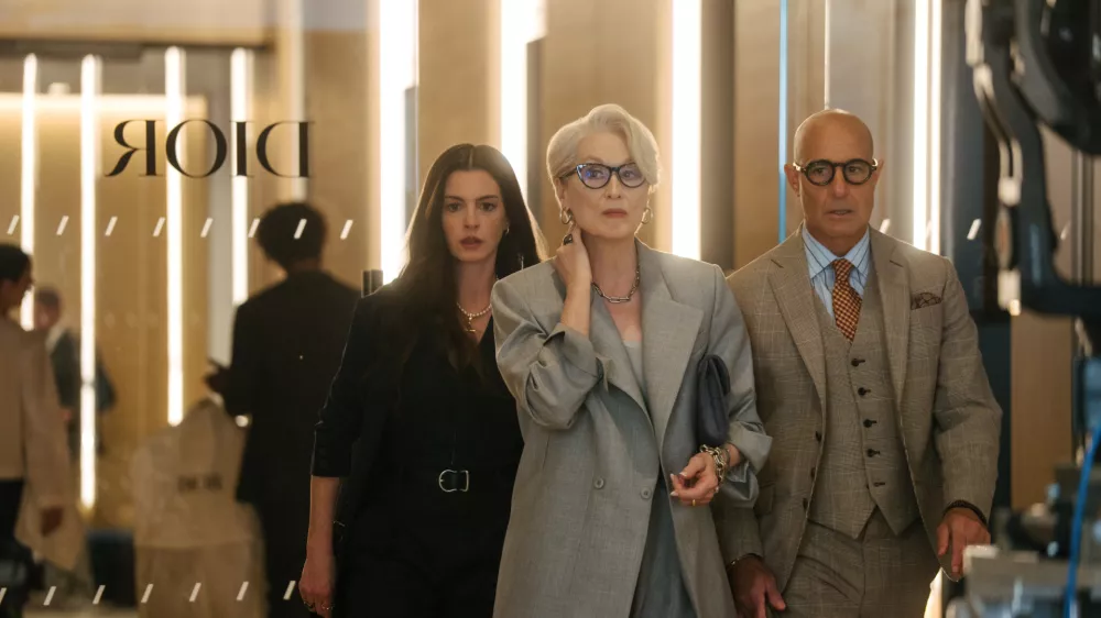 (L-R) Anne Hathaway as Andy Sachs, Meryl Streep as Miranda Priestly and Stanley Tucci as Nigel Kipling in 20th Century Studios' THE DEVIL WEARS PRADA 2. Photo by Macall Polay. &copy; 2026 20th Century Studios. All Rights Reserved.
